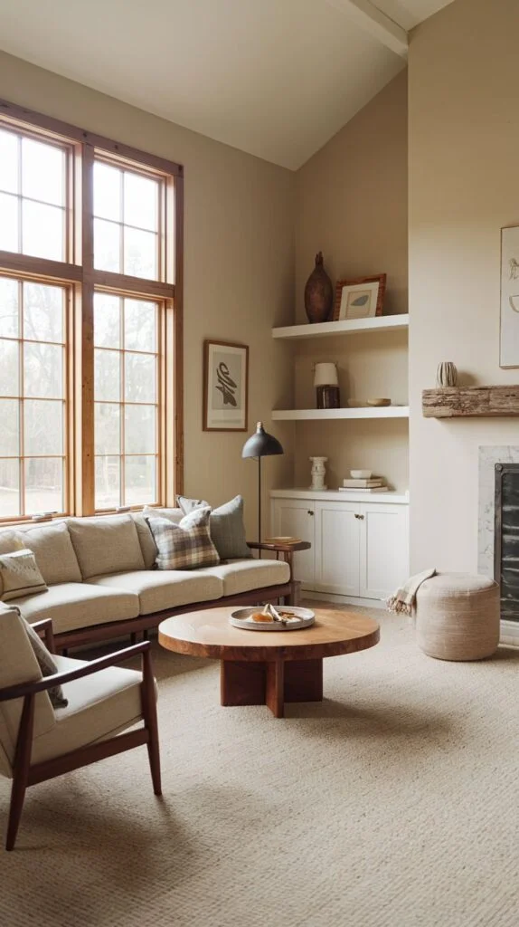 Vaulted ceiling living room with wood-framed window, round pedestal coffee table, and rustic mantel