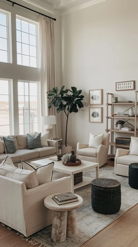 Living room with tall windows, cream seating, white coffee table, black woven stools, and wood/metal shelving