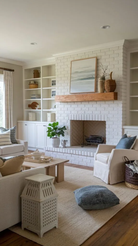 Living room centered on white brick fireplace with rustic wood mantel, built-in shelves, and large white lantern