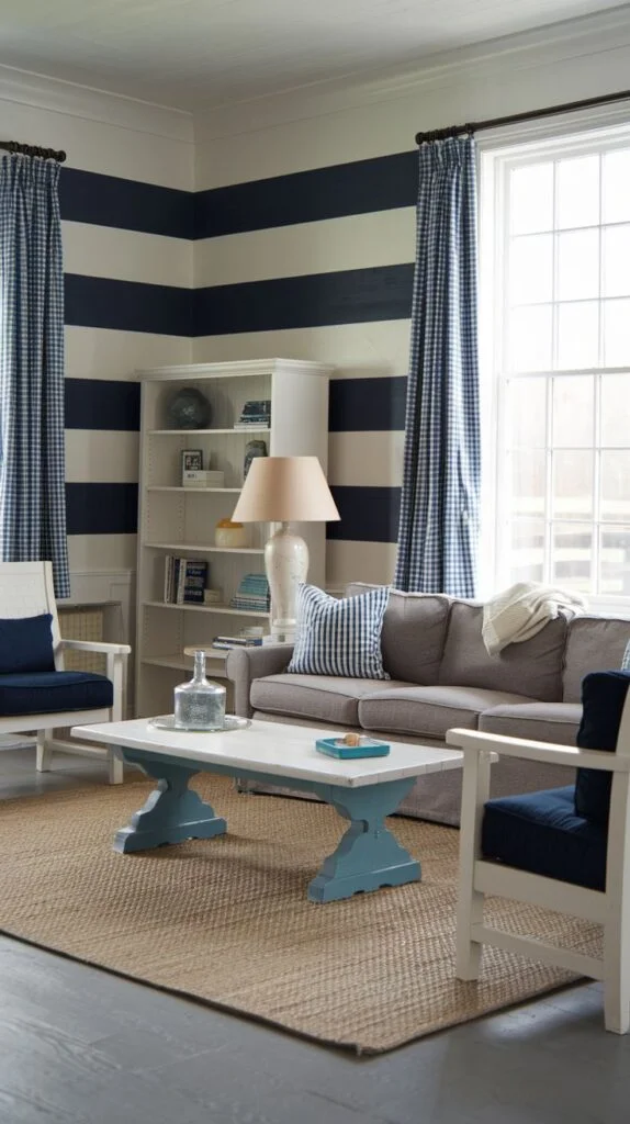 Living room with navy and white striped walls, gingham curtains, white coffee table with distressed blue base, and neutral sofa with navy cushions