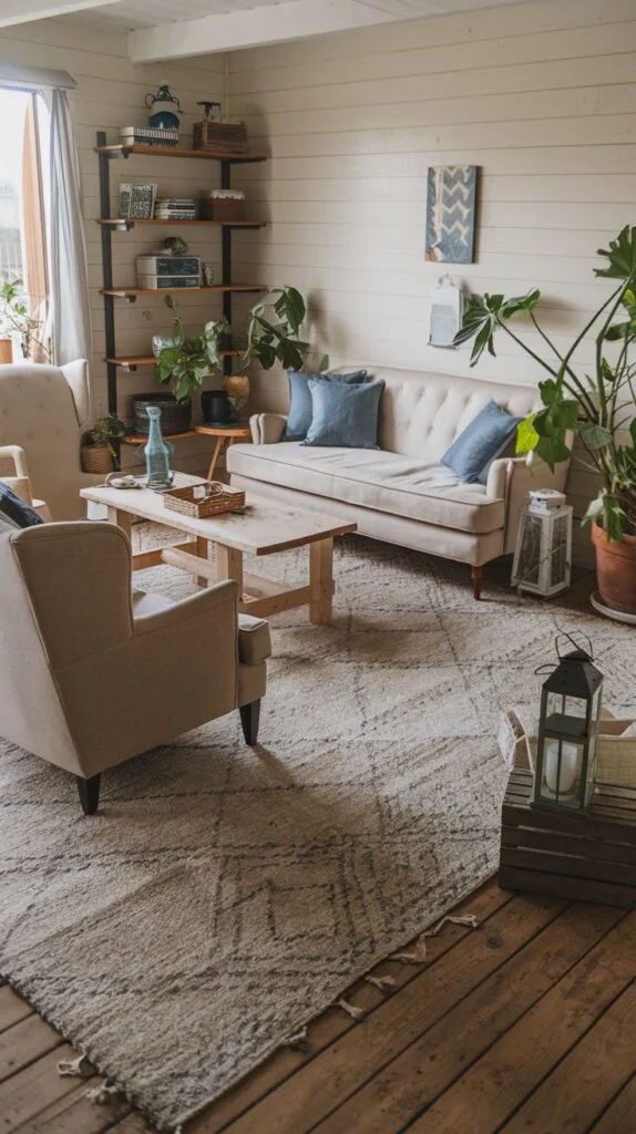 Living room with horizontal plank walls, dark wood floors, tufted sofa, light wood coffee table, and black metal/wood shelving with plants