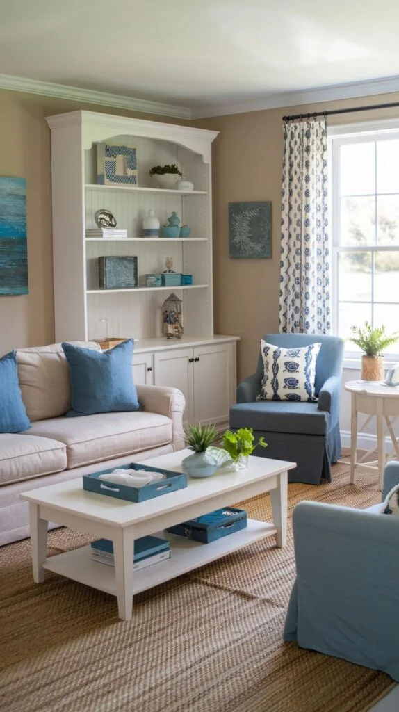 Living room with tan walls, white hutch displaying blue and white ceramics, neutral sofa, and white coffee table