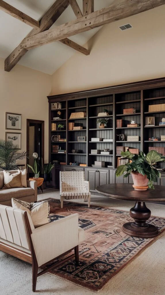 Living room with vaulted ceilings, exposed wood beams, dark wood built-in bookcase, patterned rug, and woven chairs