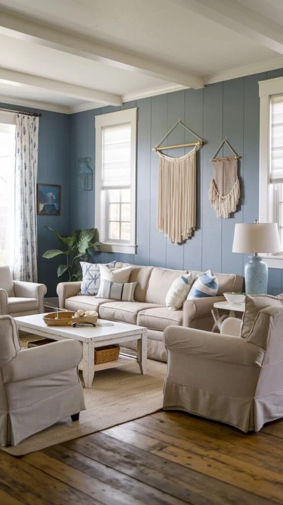 Living room with slate blue shiplap walls, tan sofa, slipcovered armchairs, and large creamy macrame wall hangings
