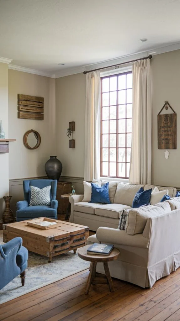 Living room with rustic reclaimed wood trunk coffee table, neutral seating, and oversized grid window