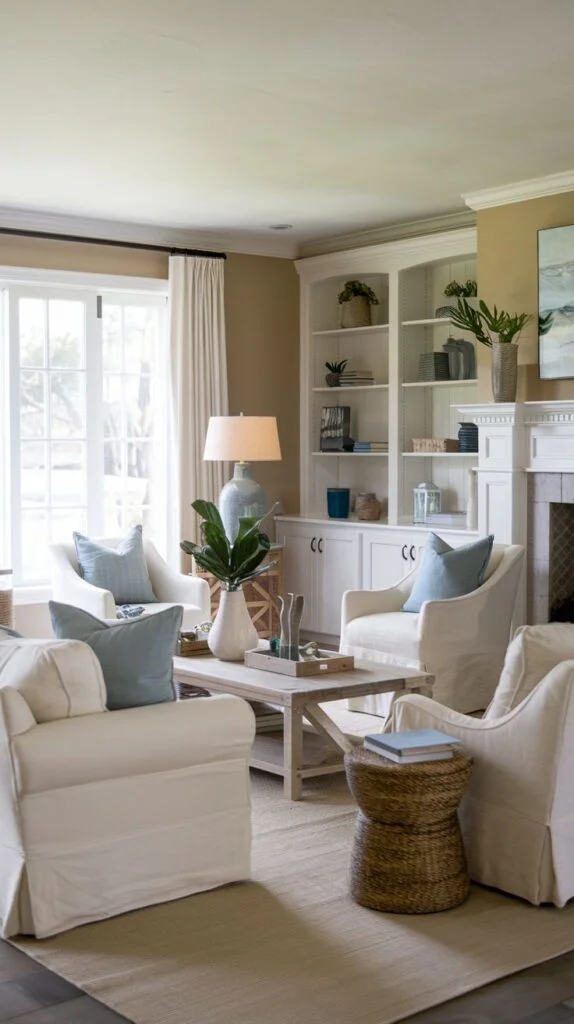 Living room with four white slipcovered armchairs around coffee table, white built-in shelving, and soft blue accents
