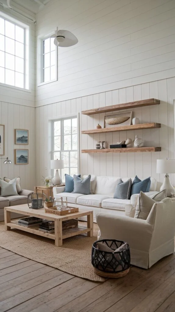Living room with double-height white shiplap walls, stacked windows, white sofa, and long rustic floating shelves