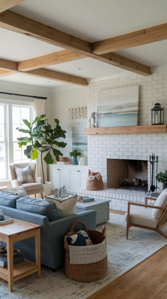 Living room with coffered ceiling beams, white brick fireplace, blue sofa, and natural wood side tables