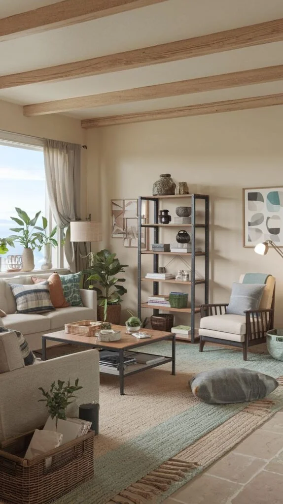 Living room with exposed wood beams, black metal and wood shelving, and layered rugs with blue stripes
