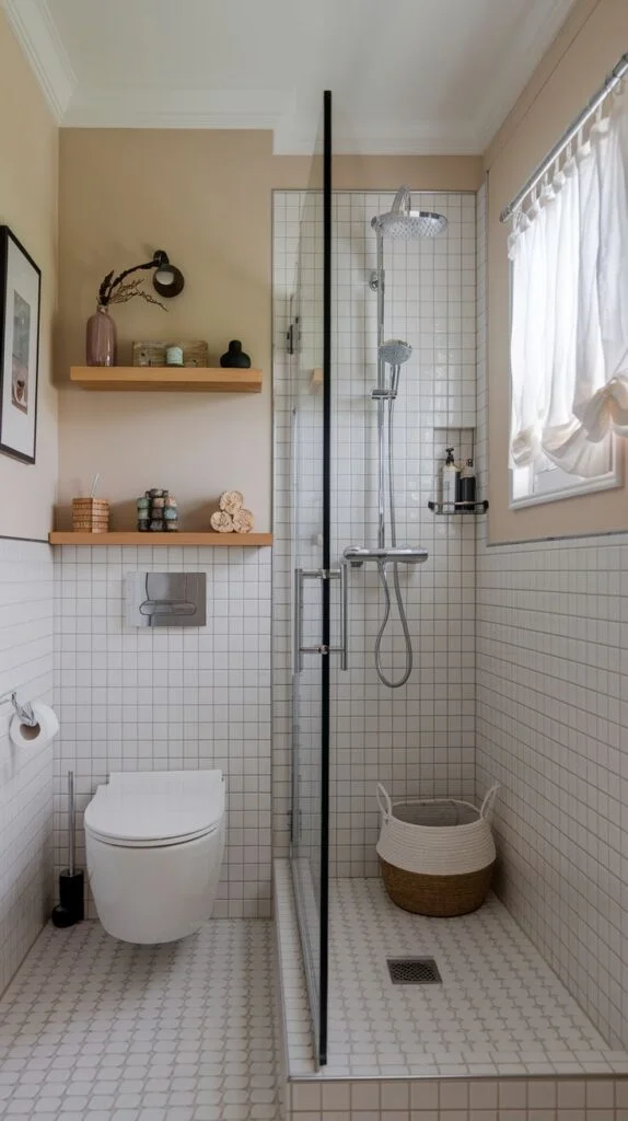 Bathroom with wall-mounted toilet, white grid tiles, natural wood floating shelves, and glass shower panel