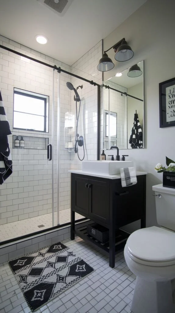 Contemporary Small Full Bathroom designed in high-contrast monochrome, featuring a black vanity, a black framed glass sliding shower door, white subway tile walls, and a black and white patterned rug.
