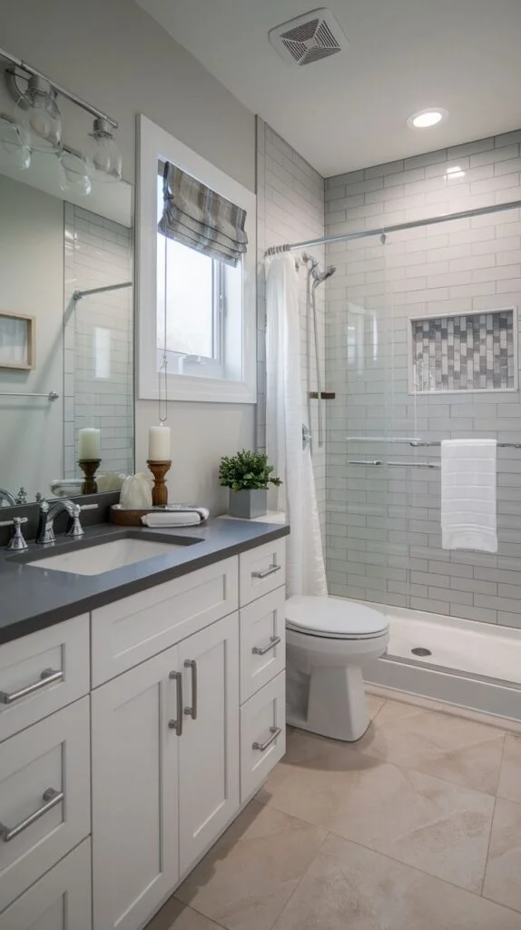 Bathroom with white vanity, dark gray countertop, glass shower enclosure, and mosaic accent niche