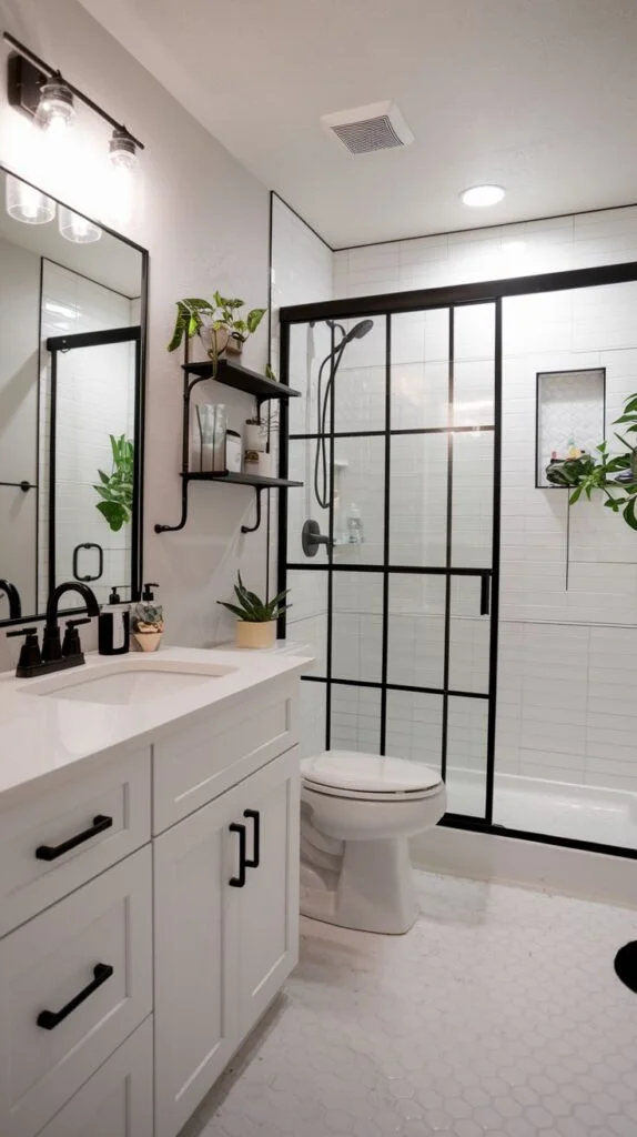 Bathroom with white vanity, black handles, black grid shower enclosure, and white hexagonal floor tiles