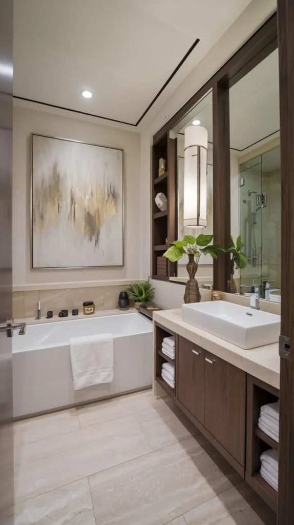 Bathroom with deep soaking tub, dark wood vanity, vessel sink, and large mirrored wall with integrated lighting