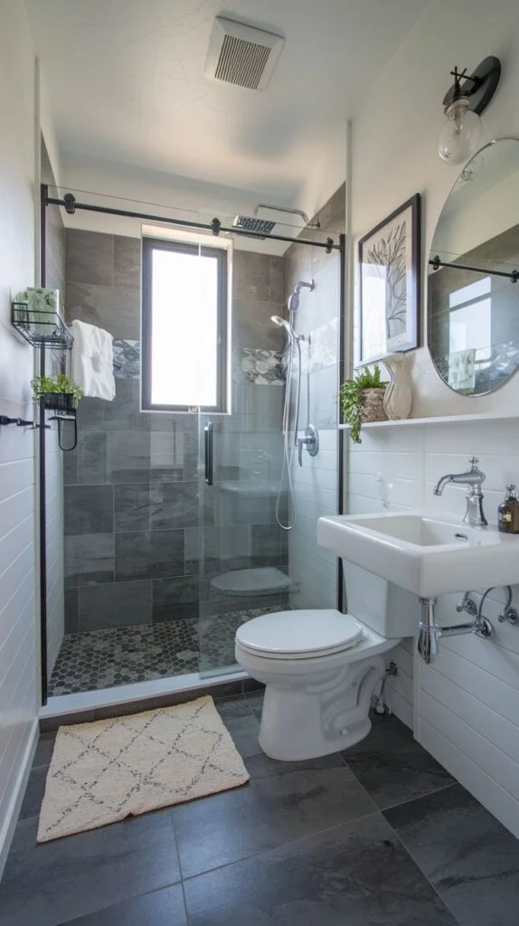 Bathroom with dark slate-look tiles, white pedestal sink, horizontal planking, and hexagonal mosaic shower pan