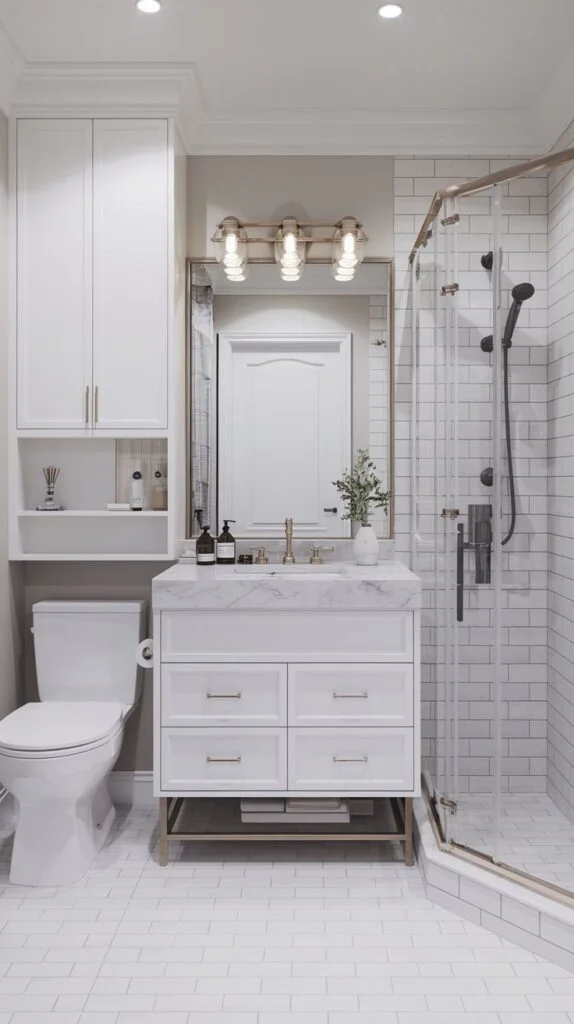 Bathroom with white marble vanity on gold frame, tall white storage cabinet, and gold-trimmed neo-angle shower