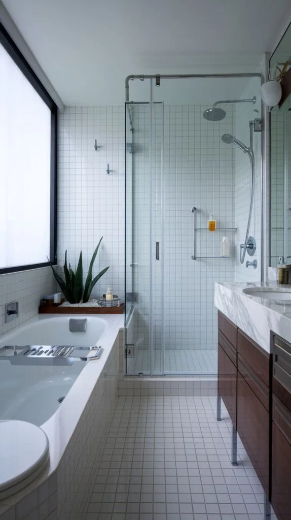 Wet room bathroom with dark wood cabinetry, white marble countertop, tub, and continuous white grid tiles