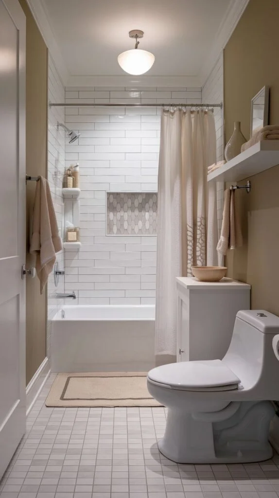 Bathroom with tub/shower combo, white subway tiles, warm beige walls, and hexagonal mosaic niche