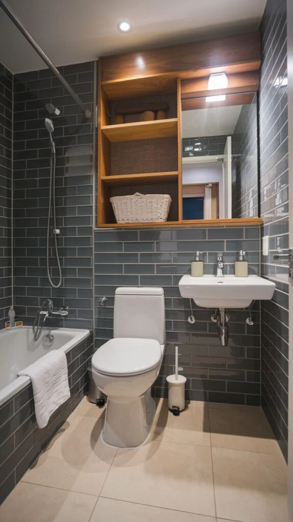 Bathroom with dark blue-gray subway tiles, light floor tiles, wall-mounted sink, and natural wood shelving
