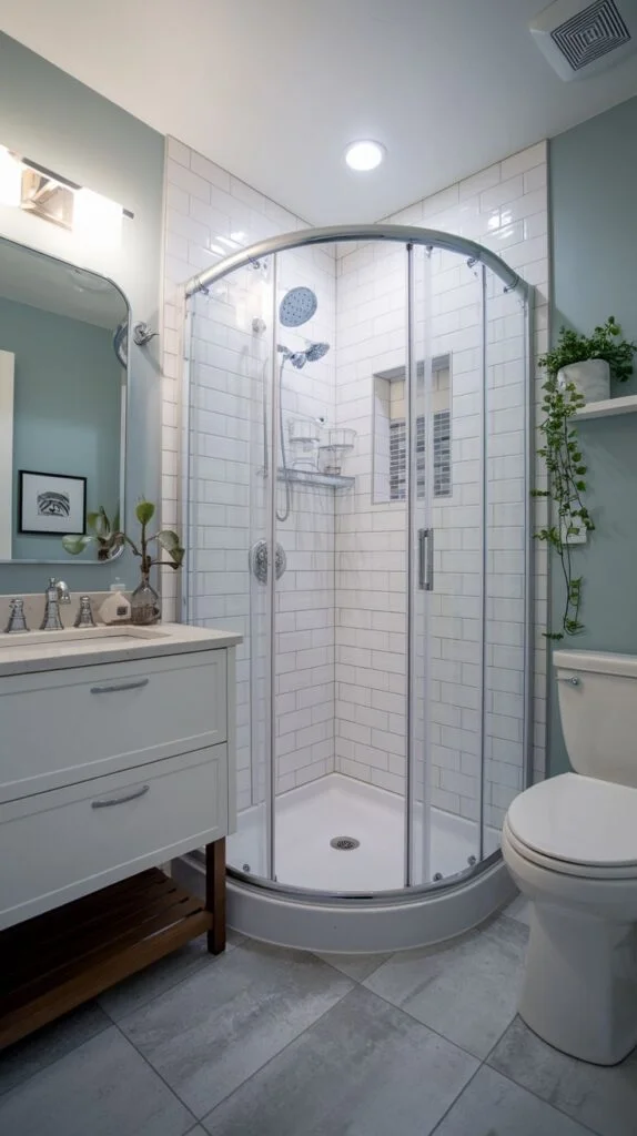 Bathroom with light blue-green walls, quarter-round shower, toilet, and vanity with open wood shelf base