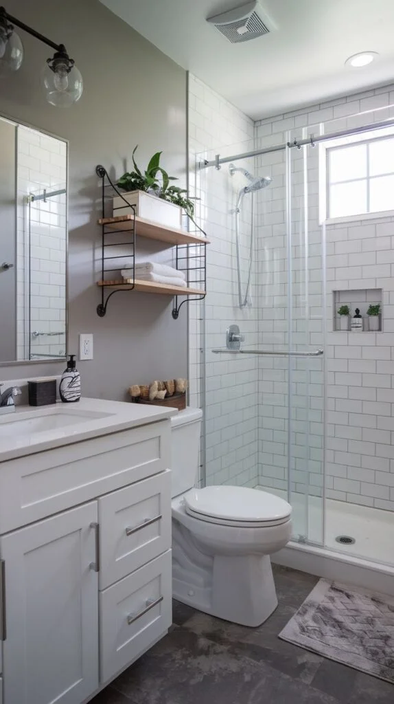 Bathroom with white shaker vanity, white subway tile shower walls, and black metal and wood floating shelves