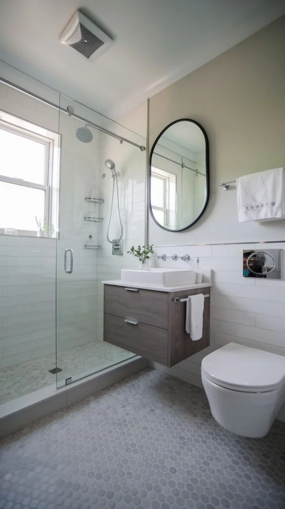 Bathroom with floating wood-look vanity, vessel sink, wall-mounted toilet, and light gray hexagonal floor tiles