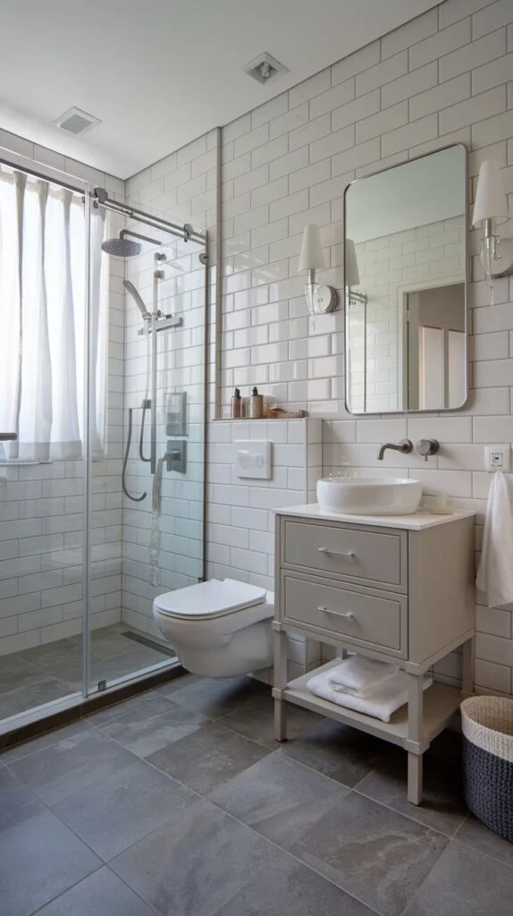 Bathroom with light gray freestanding vanity, vessel sink, wall-mounted black faucet, and white subway tile walls