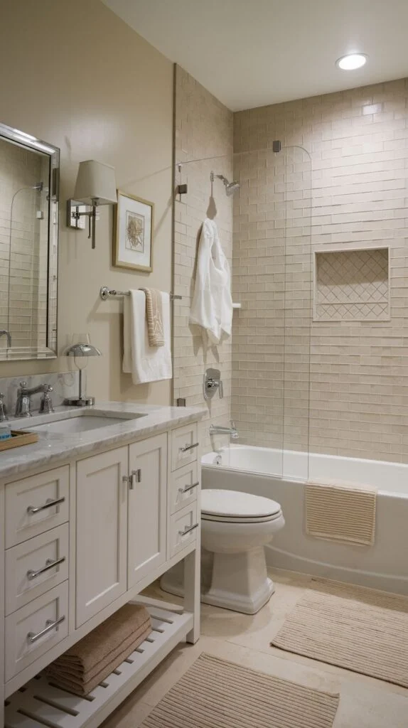 Bathroom with warm beige tiles, white vanity with open slatted base, and curved glass shower screen over tub