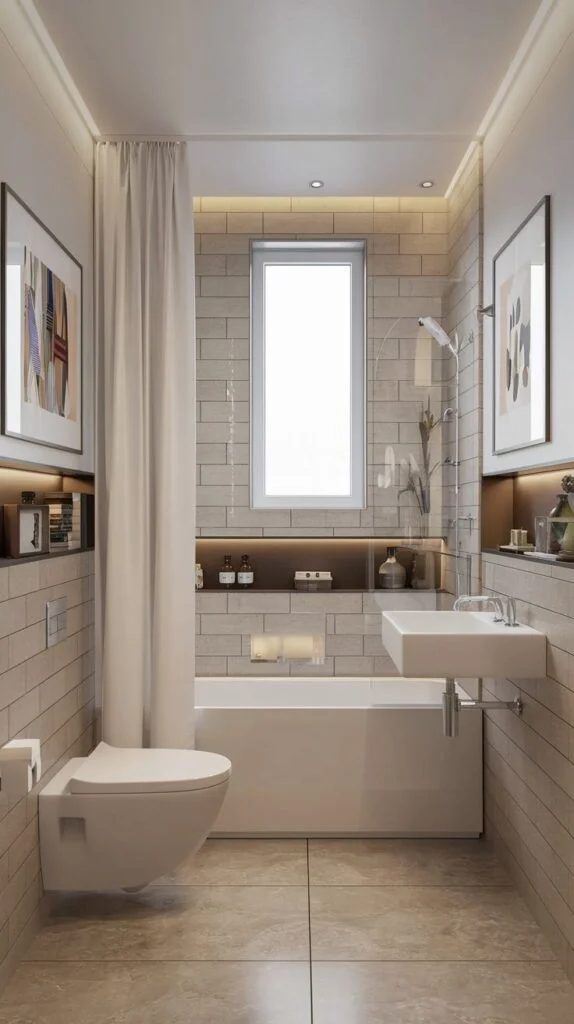 Narrow bathroom with beige tiles, embedded bathtub, wall-mounted fixtures, and lit recessed wall niches