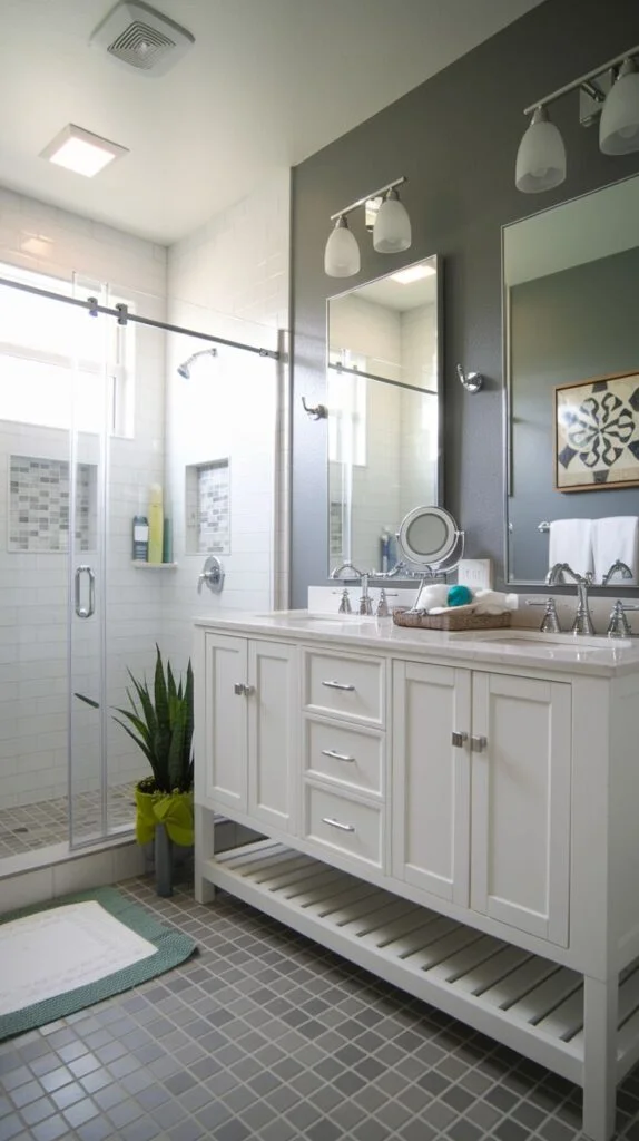 Bathroom with white double sink vanity, open base shelving, dark gray accent wall, and white subway tile shower
