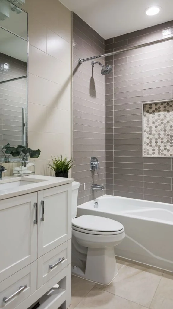 Bathroom with vertically stacked narrow gray tiles in tub surround, white vanity, and hexagon mosaic niche