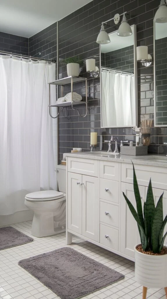 Bathroom with dark charcoal gray subway tiles, white double vanity, full-wall mirrors, and chrome shelving
