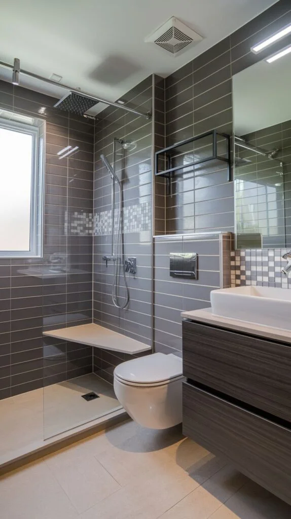 Wet room with glossy dark gray tiles, wall-mounted toilet, dark wood vanity, and floating light-colored shower bench