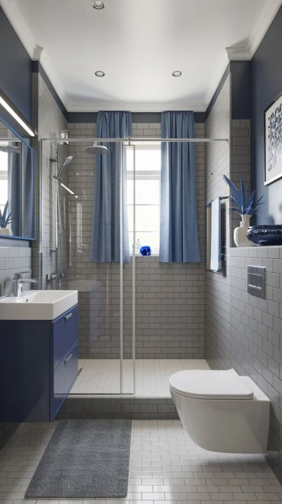 Monochrome bathroom with black vanity, black framed sliding shower door, white subway tiles, and geometric rug