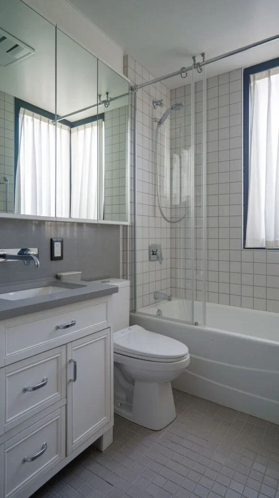 Bathroom with full-width mirrored medicine cabinet, white vanity with gray countertop, and tub/shower combo