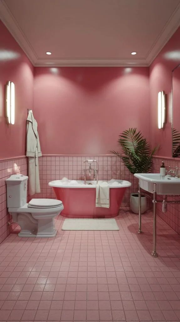 A warm pink bathroom with dark pink walls and light pink tiled flooring. It includes a pink freestanding bathtub, a white toilet, and a white sink with a chrome stand.