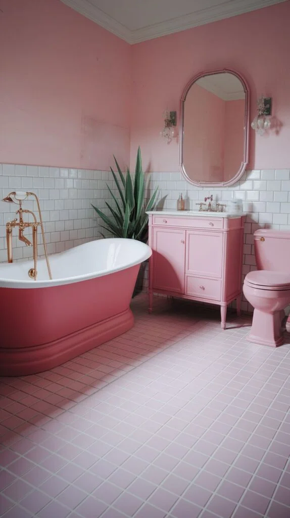 A warm pink bathroom with a pink bathtub, a pink vanity, and a pink toilet. The walls feature white subway tile halfway up, and the floor is a light pink tile.