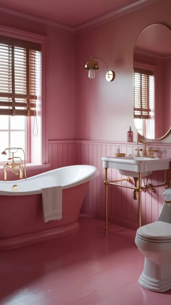 A warm pink bathroom showcasing pink wainscoting and a matching pink floor. A pink freestanding bathtub with brass fixtures, a white sink with a brass stand, and a white toilet are prominent features.