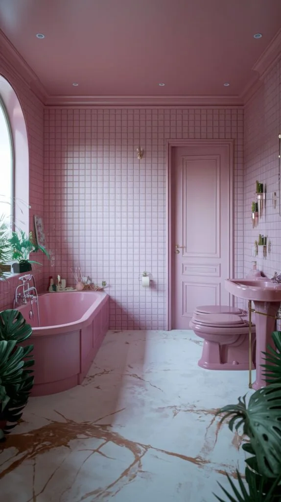 A warm pink bathroom with pink square tiled walls and a matching pink door. It contains a pink built-in bathtub, a pink toilet, and a pink pedestal sink, with a marble-patterned floor.