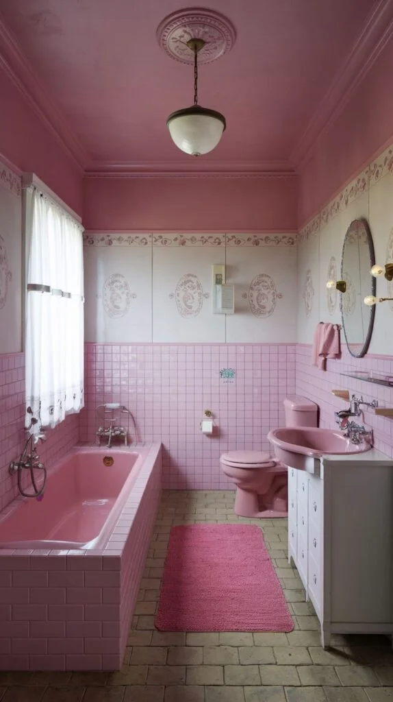 A warm pink bathroom featuring a pink built-in bathtub, a pink toilet, and a pink sink, against a backdrop of pink tiled walls and ceiling with decorative white paneling.