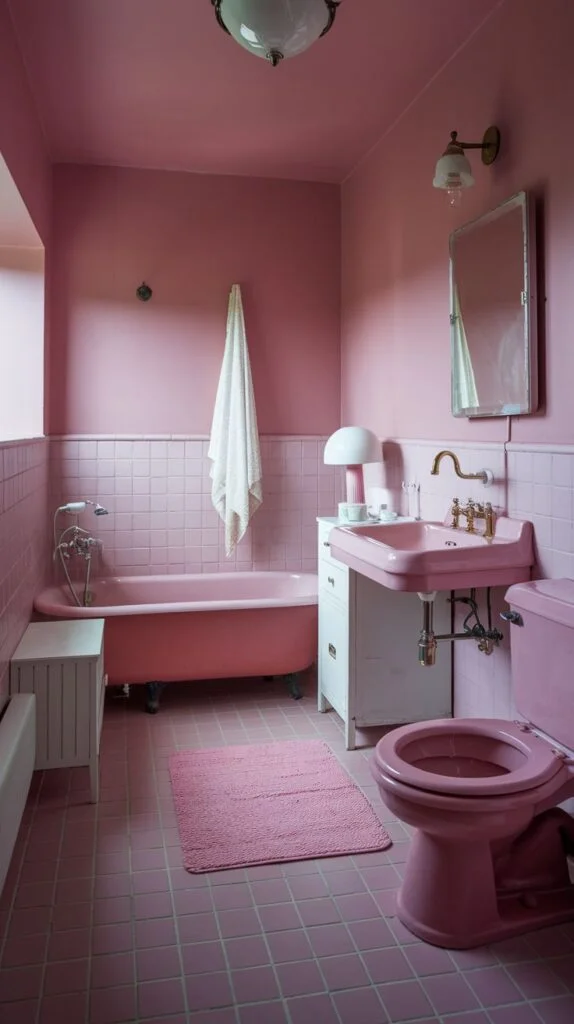 A simple and warm pink bathroom with pink walls and pink tiled flooring. It features a pink built-in bathtub, a pink sink with a white cabinet, and a pink toilet.