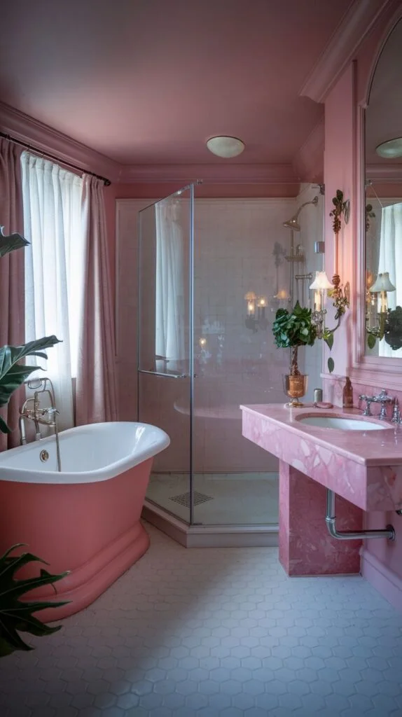 A luxurious and warm pink bathroom with pink walls, a pink freestanding bathtub, a glass-enclosed shower, and a pink marble vanity, all on hexagonal tiled flooring.
