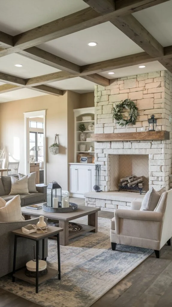 Living room with a coffered ceiling featuring dark exposed wooden beams, and a large focal point fireplace constructed from light stacked natural stone with a heavy wood mantel, flanked by white built-in shelving.