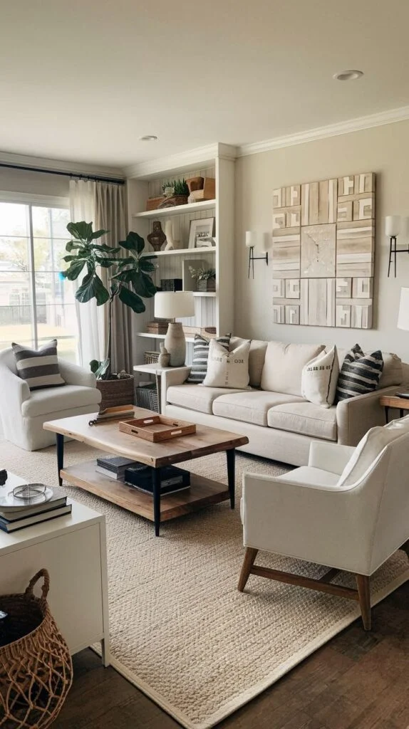 Bright modern farmhouse living room featuring white built-in shelving, a light beige sofa, and a large, textured square artwork made of dimensional light wood blocks as the central wall feature; includes two white armchairs and a fiddle-leaf fig tree.