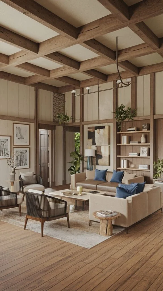 Rustic, cabin-style living room dominated by dark wood exposed beams and vertical wood wall paneling, featuring light beige sofas with brown leather accents, dark wood floors, built-in shelving, and numerous green plants.