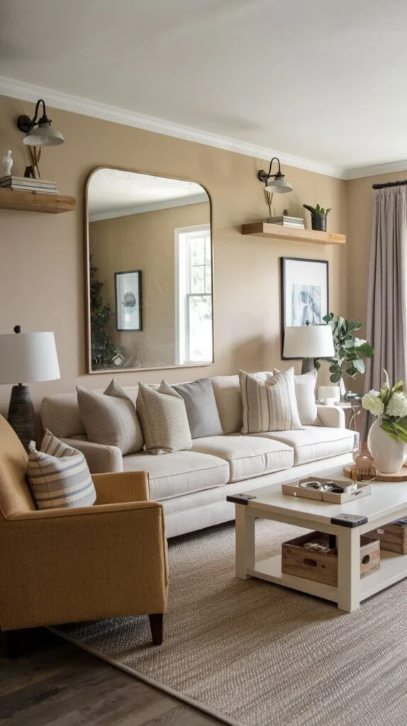 Cozy living room with warm tan walls, centered around a large arched rectangular mirror above a sectional sofa, flanked by two rustic wooden floating shelves with black industrial sconce lighting.