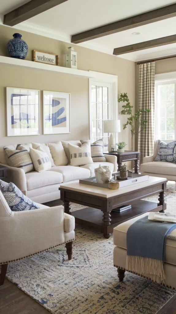 Traditional modern farmhouse living room with exposed ceiling beams, a light sofa, and two framed blue abstract prints above a low shelf; anchored by a large, heavy dark wood coffee table with a light inset top.