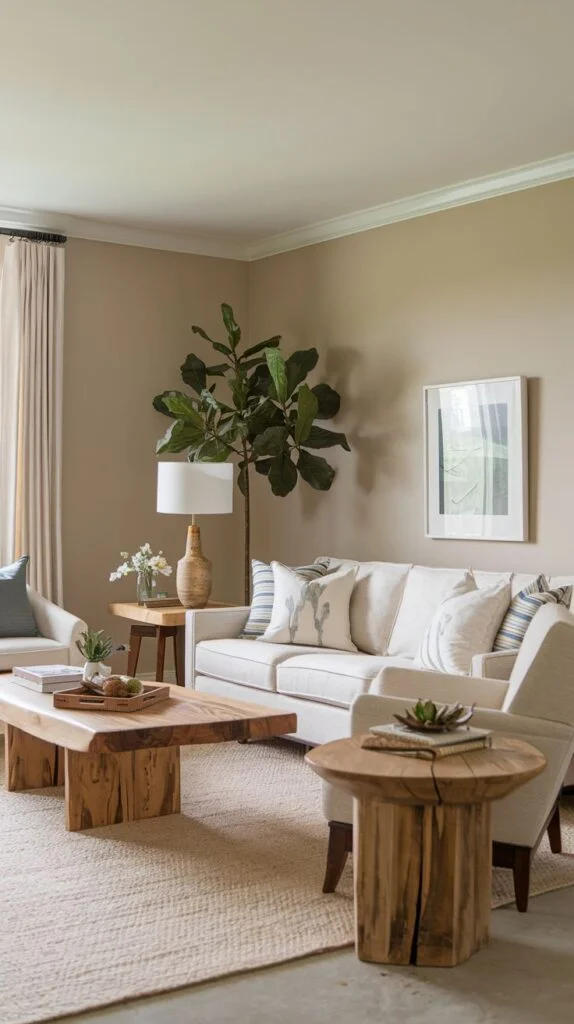 Minimalist farmhouse design showcasing natural materials, featuring a low coffee table made from raw, live-edge wood slabs and a matching cylindrical side table, against warm taupe walls.