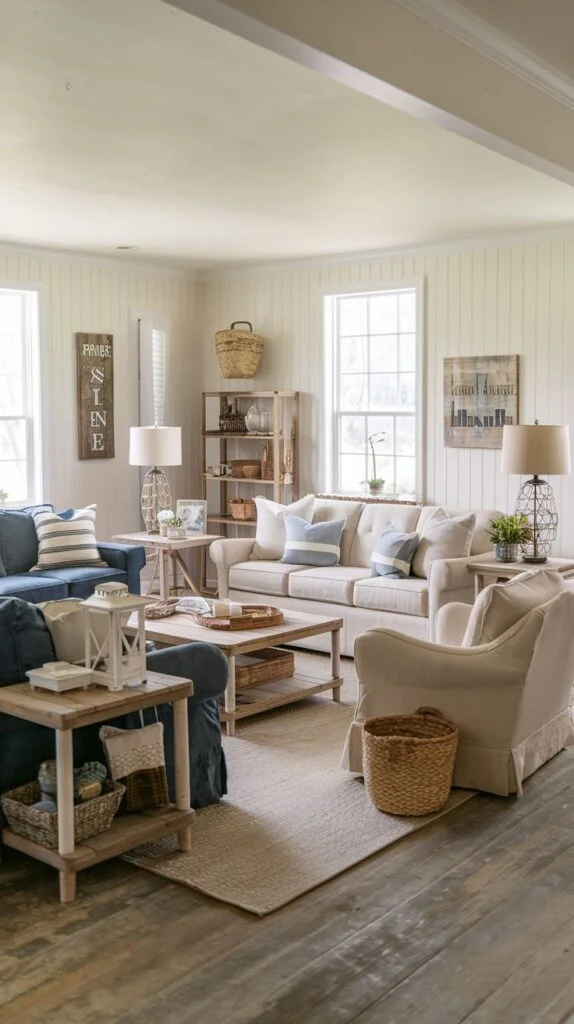 Light and breezy cottage farmhouse interior with vertical white wood paneling, featuring navy blue accent chairs and white seating with striped blue pillows, natural wood shelving, and large windows.