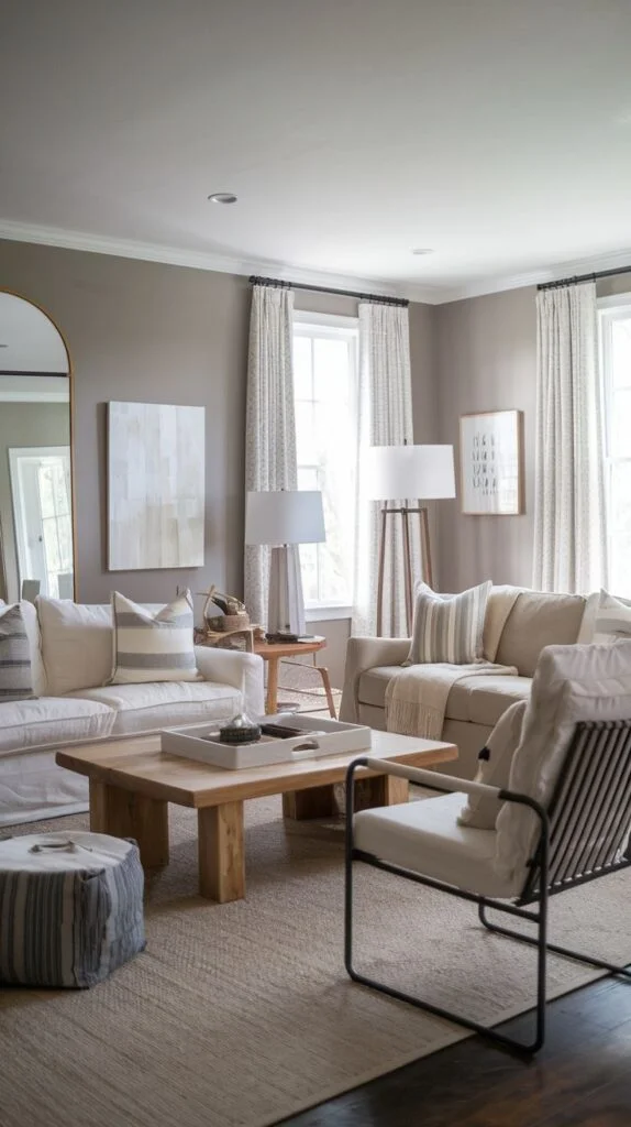 Relaxed seating grouping against gray walls, anchored by a chunky light wood coffee table with thick post legs, a neutral sectional, and an accent chair with a black metal frame and white cushions.